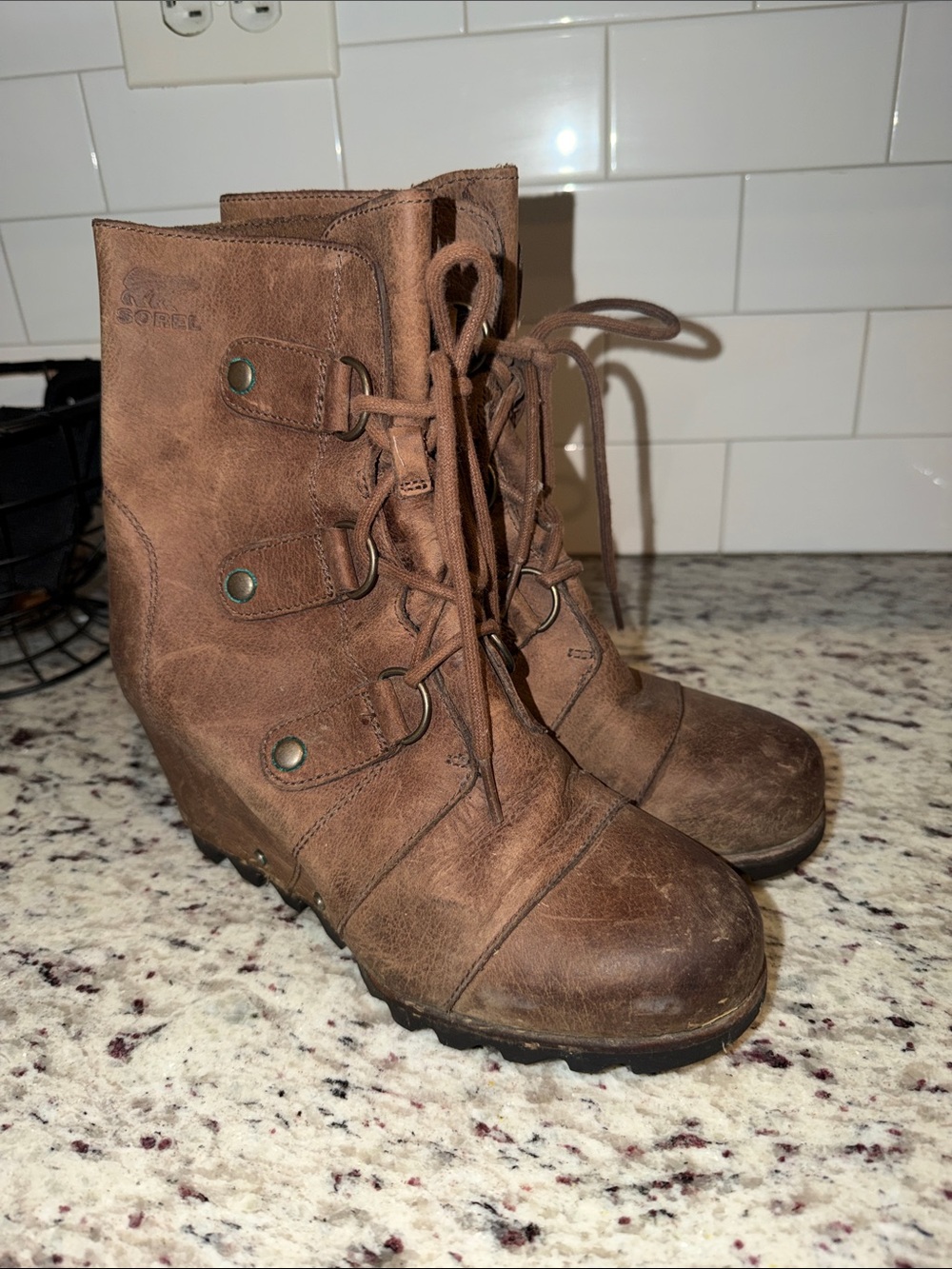 Sorel Brown Lace-Up Wedge Ankle Boots